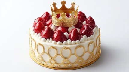 Wall Mural - Delicious strawberry cream cake with vanilla layers, beautifully designed with a golden edible crown.