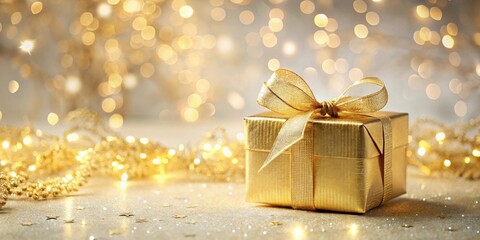 Poster - a luxurious gold gift box adorned with a sparkling ribbon, surrounded by festive lights and glitter.