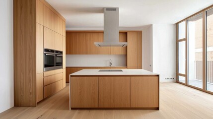 Poster - Modern minimalist kitchen with wooden cabinetry and island