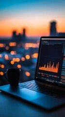 Poster - Laptop displaying financial data with a coffee cup beside it, set against a vibrant sunset cityscape