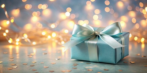 Aufkleber - A thoughtfully wrapped gift with a light blue ribbon and bow, amidst a soft glow of fairy lights and delicate heart confetti.