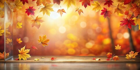 Poster - Autumnal Leaves Falling onto Wooden Surface with Blurred Background