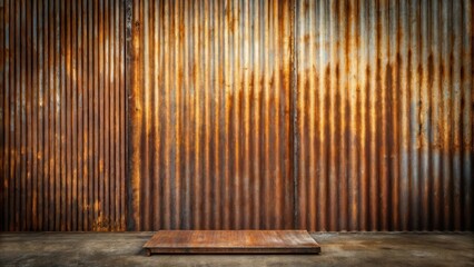 Poster - Rustic display platform in front of a weathered corrugated metal backdrop