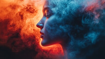 Wall Mural - A woman's face is shown in a smokey, colorful background