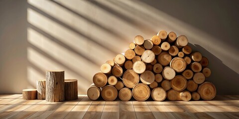 Leinwandbilder - Sunlit Wooden Log Pile with Rustic Tree Stump Display