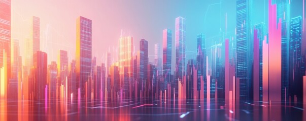 Poster - a vibrant, futuristic city skyline with colorful, illuminated skyscrapers against a soft gradient ba