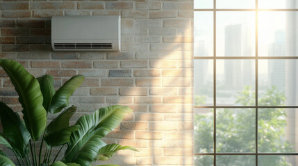 Aufkleber - Wall mounted air conditioner on brick wall with sunlight streaming through large window and green plants creating serene atmosphere