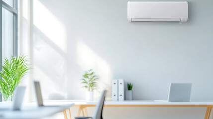 Poster - modern office space with wall mounted air conditioner, desks, laptops, and indoor plants, creating fresh and productive atmosphere