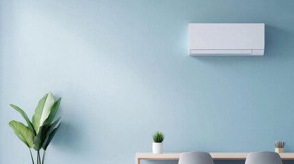 Poster - modern wall mounted air conditioner on light blue wall above minimalist desk with plants, creating fresh and serene workspace