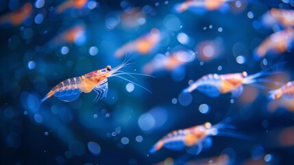 Poster - Brightly colored shrimp are swimming through the clear blue water, surrounded by bubbles and light. The underwater world showcases a lively ecosystem filled with movement.
