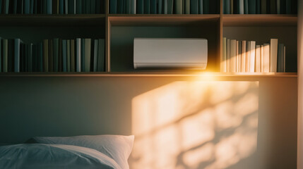 Poster - wall mounted air conditioner is installed above bookshelf, with sunlight streaming through window, creating cozy and serene atmosphere