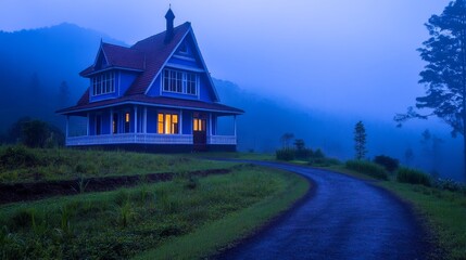 Wall Mural - serene blue hour landscape featuring a charming house illuminated at dusk surrounded by misty hills