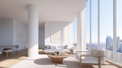 Poster - modern, minimalist living room with white furniture, large windows, and natural light creating serene atmosphere