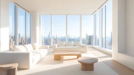 Poster - Bright modern living room with white furniture, wooden accents, and large windows offering panoramic city skyline view