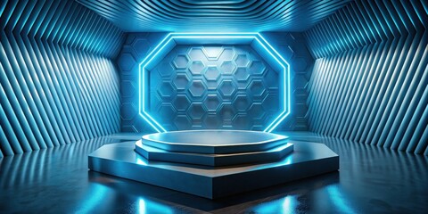 Poster - Futuristic Blue Neon Octagon Display Platform with Hexagonal Walls