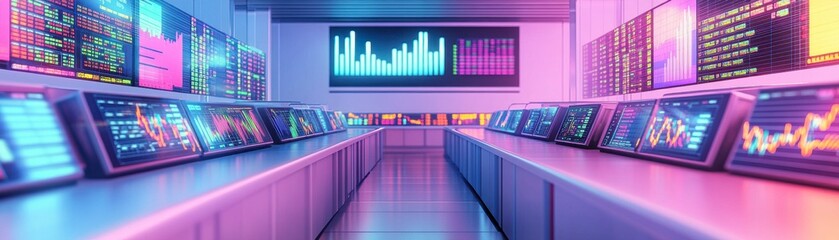 Poster - A high-tech trading room with glowing screens displaying financial data and graphs, creating a vibrant atmosphere for market analysis.