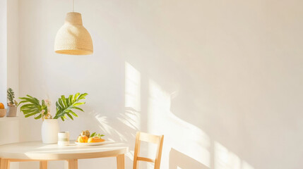 Poster - cozy dining area with wooden table, wicker pendant lamp, and natural light streaming in, creating warm and inviting atmosphere