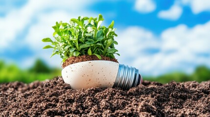 Poster - Light bulb with a plant growing from it against a blurry sky background showcasing sustainability and innovation