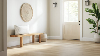 Aufkleber - minimalist entryway with wooden bench, woven decor, and potted plant, illuminated by natural light from glass paneled door