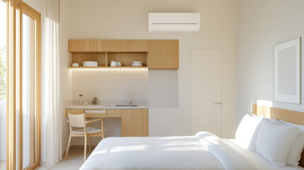 Poster - minimalist bedroom with wall mounted air conditioner, wooden furniture, and small kitchenette, bathed in natural light