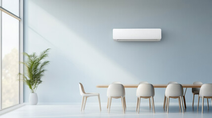 Poster - modern meeting room with wall mounted air conditioner, wooden table, white chairs, and potted plant by large window