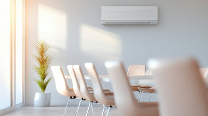 Poster - modern conference room with wall mounted air conditioner, white chairs, long table, and potted plant, bathed in natural sunlight