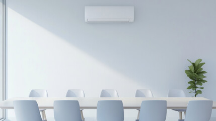 Poster - modern conference room with wall mounted air conditioner, white chairs, long table, and green potted plant, creating clean and minimalistic
