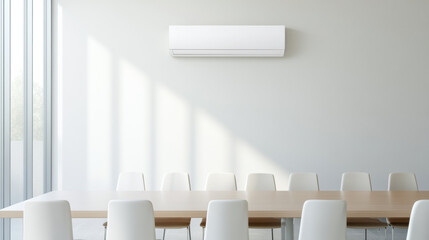 Poster - modern conference room with wall mounted air conditioner, wooden table, and white chairs, illuminated by natural sunlight through large windows