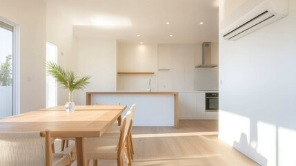 Aufkleber - bright and minimalistic dining and kitchen area with wooden furniture, white walls, and wall mounted air conditioner