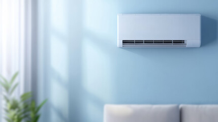 Aufkleber - modern wall mounted air conditioner installed on light blue wall, providing clean and minimalistic look in cozy living space