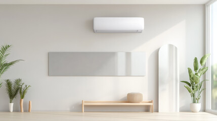 Aufkleber - modern living room with wall mounted air conditioner, minimal furniture, indoor plants, and natural light creating serene atmosphere