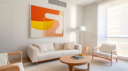 Poster - modern living room with minimalist furniture, wall mounted air conditioner, and abstract artwork creates cozy and stylish atmosphere
