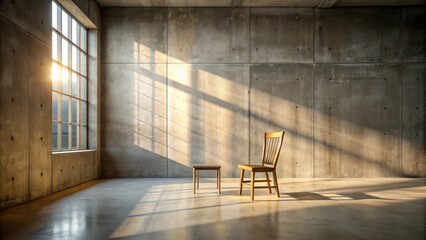 Poster - Sunlit Industrial Interior A Single Chair and Small Table in a Spacious Room with Exposed Concrete Walls and Large Window