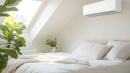 Aufkleber - cozy bedroom with wall mounted air conditioner, white bedding, and natural light from skylight, complemented by green indoor plants