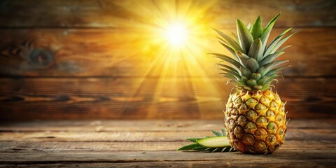 Poster - A whole pineapple and a slice on rustic wooden surface bathed in golden sunlight