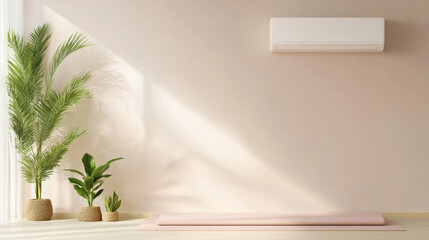 Aufkleber - minimalist room with wall mounted air conditioner, indoor plants, and yoga mat on floor, creating serene and refreshing atmosphere