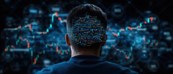 Poster - Business analyst examining financial data with binary symbols representing digital transformation concepts