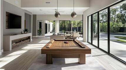 Wall Mural - Modern Luxury Home Interior with Pool Table and Expansive Views