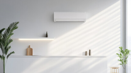 Aufkleber - modern, minimalistic interior with wall mounted air conditioner, white walls, and natural light streaming in, complemented by plants and decor