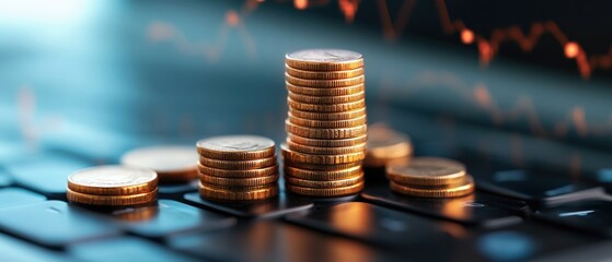 Poster - Stack of coins on laptop with business audit and efficiency evaluation documents beside them