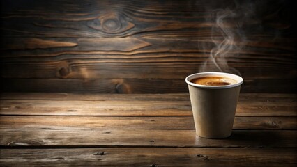 Poster - Aromatic Steaming Coffee in a Disposable Cup on Rustic Wooden Surface