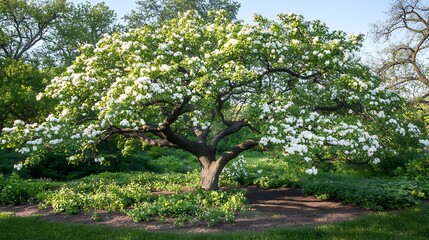 Canvas Print - White Blossoms Adorning a Graceful Tree in the Green Garden Landscape Scenic View