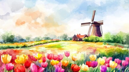 Poster - Vibrant tulip fields and a windmill create a picturesque spring landscape in colorful watercolor illustration. Generative AI