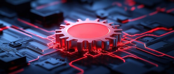 Poster - Red and black computer chip with illuminated light and business efficiency evaluation details
