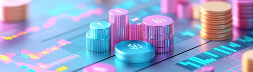 Poster - The image features colorful stacked coins and bars on a financial chart, symbolizing investment, growth, and digital currency trends.