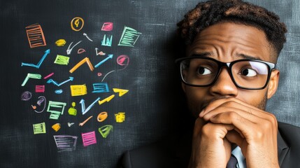 Poster - Business data analyst reviewing graphs metrics and kpis in office with glasses and tie looking up thoughtfully
