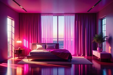 Wall Mural - Modern Pink Neon Bedroom Silhouette Sunlight Stock Photo