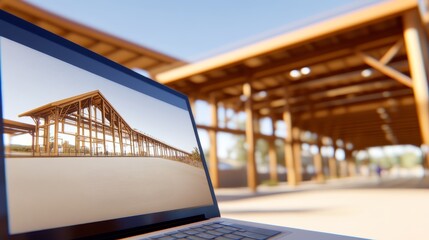 Aufkleber - A laptop displaying a wooden structure design in a modern architectural setting with blurred background