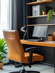 Poster - Modern home office setup featuring a stylish chair, desk with computer, and decorative plants in a bright room