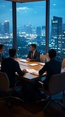 Poster - Business meeting in a high-rise office at dusk, discussing strategies with a city skyline backdrop